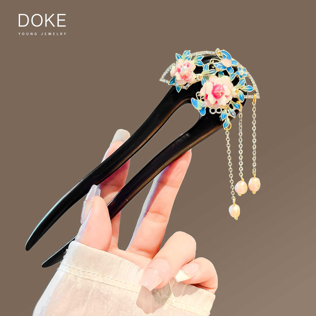 高档牡丹花檀木发簪女古风步摇U型盘发簪子中式发钗汉服旗袍配饰