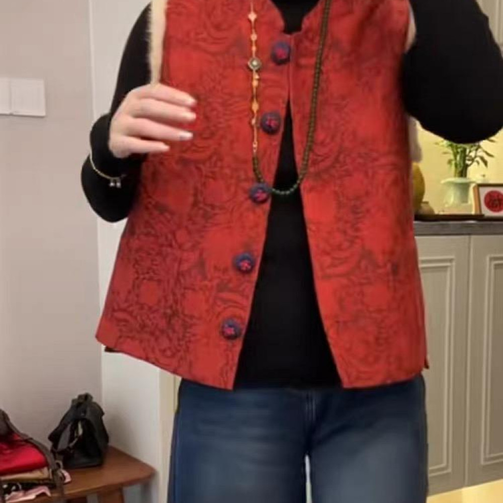 【现货在仓+运险！加棉加厚】新年红水貂毛浮雕刺绣新中式国风马甲女