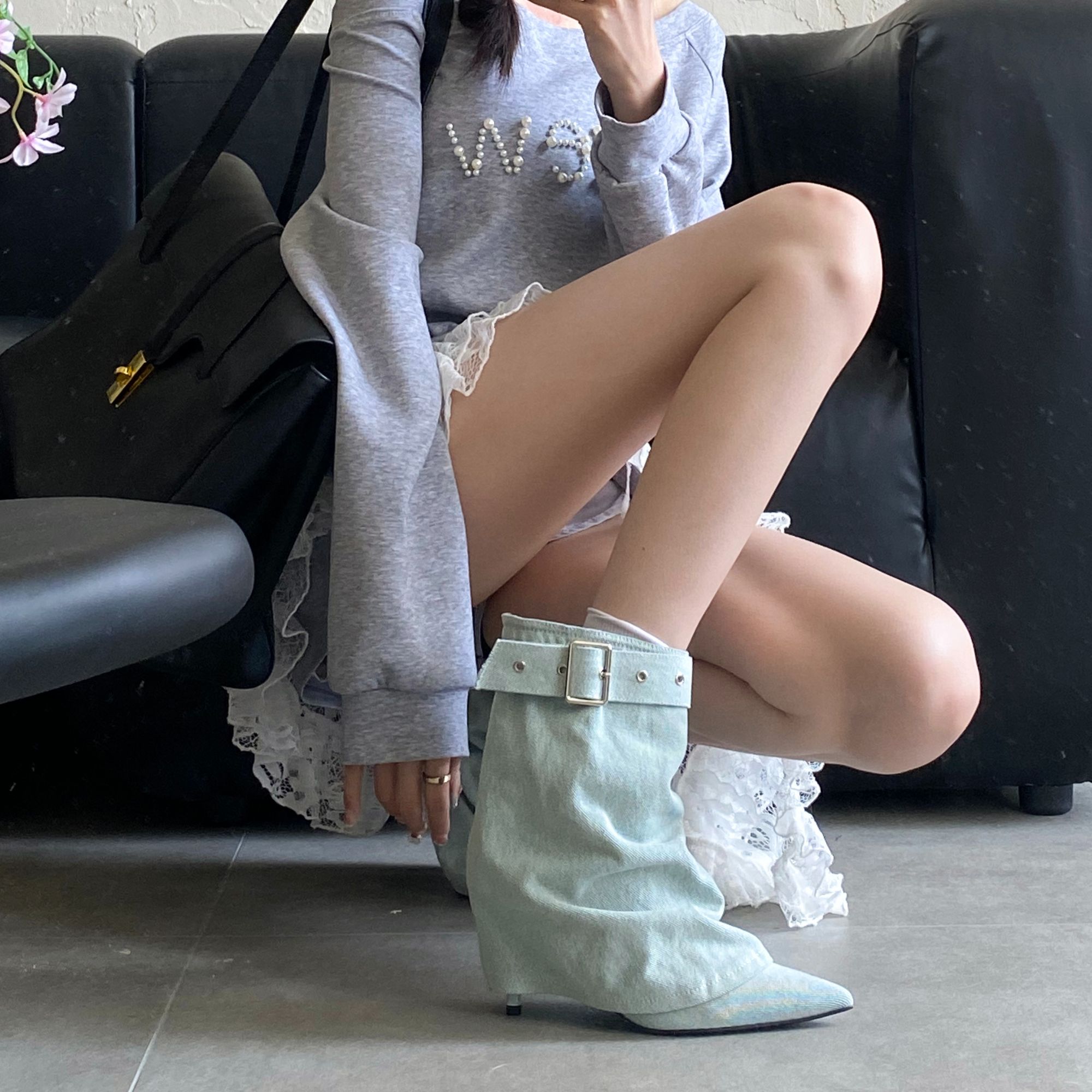 法式时髦皮带扣高跟中筒裤筒靴女秋冬季外穿辣妹炸街褶皱中筒裤靴