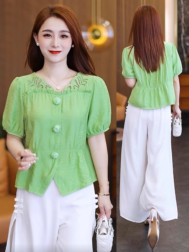 时尚洋气V领短袖衬衫女2025夏季新款休闲小个子显瘦百搭减龄衬衣