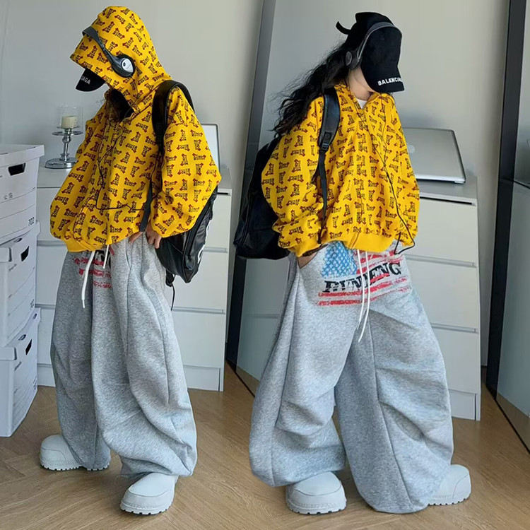 女童美式复古休闲连帽卫衣外套弯刀裤套装2025新款洋气中大童学生