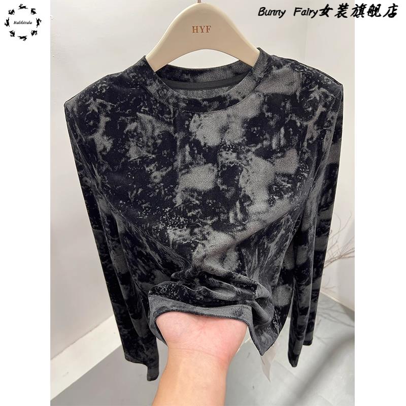 短款复古软糯丝绒长袖T恤女2025春秋新款洋派垫肩内搭打底衫上衣