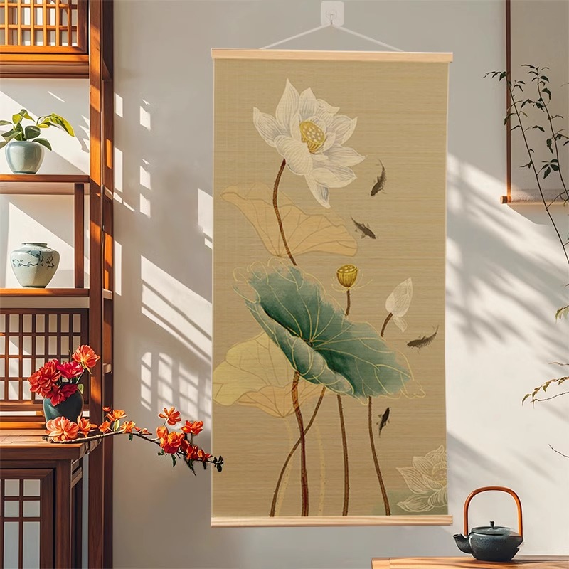 荷花新中式印花禅意竹帘装饰画客厅玄关走廊卷帘壁画书房茶室挂画