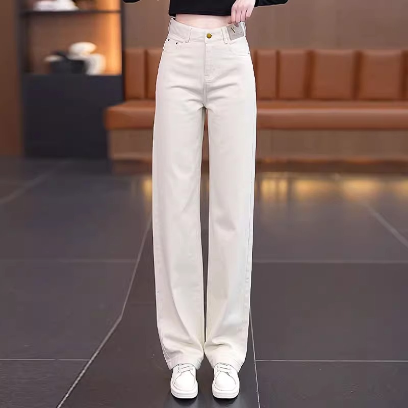 米白色纯棉软牛仔直筒裤女2025新款秋冬女裤春秋季窄版加绒阔腿裤