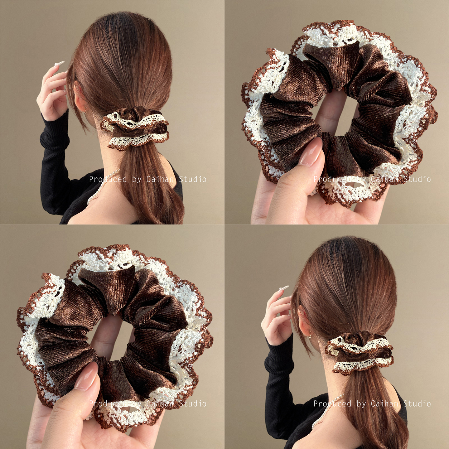 微甜布朗尼~复古蕾丝边大肠发圈法式氛围感丝绒头圈发绳马尾发饰