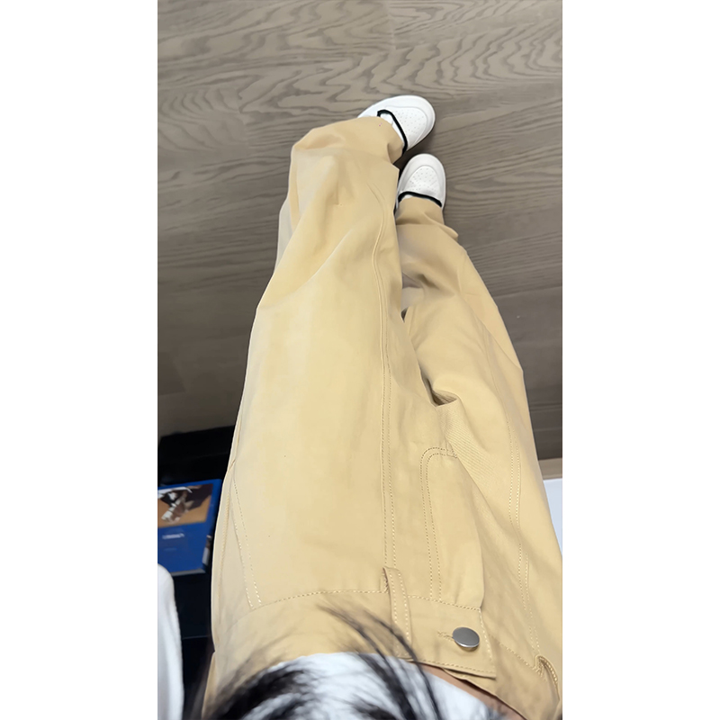 卡其色显高显瘦工装裤西海岸美式裤子高街vibe小众设计直筒弯刀裤