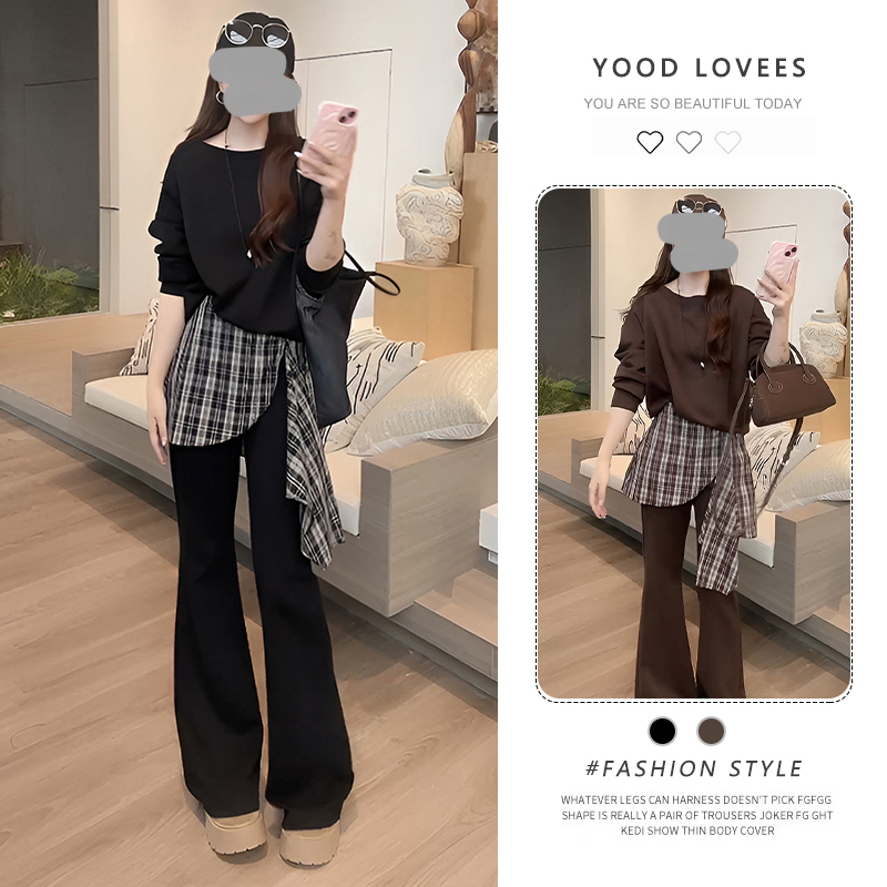 轻熟风时尚休闲两件套2025春秋新款韩版长袖卫衣设计感显瘦微喇裤