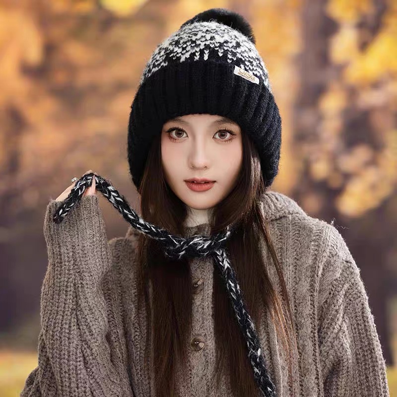 毛球帽子女秋冬季加绒加厚保暖护耳帽针织毛线帽骑车护耳套头帽
