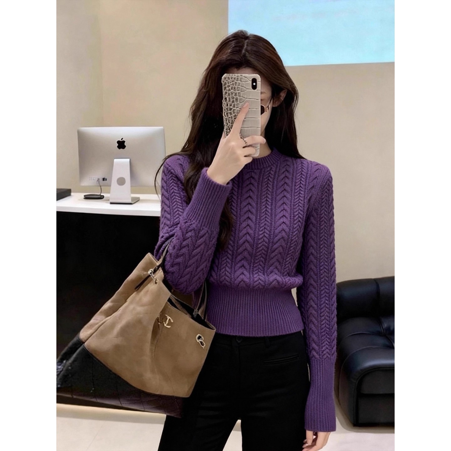 韩系麻花长袖收腰针织衫女秋冬新款修身显瘦毛衣打底百搭头套上衣