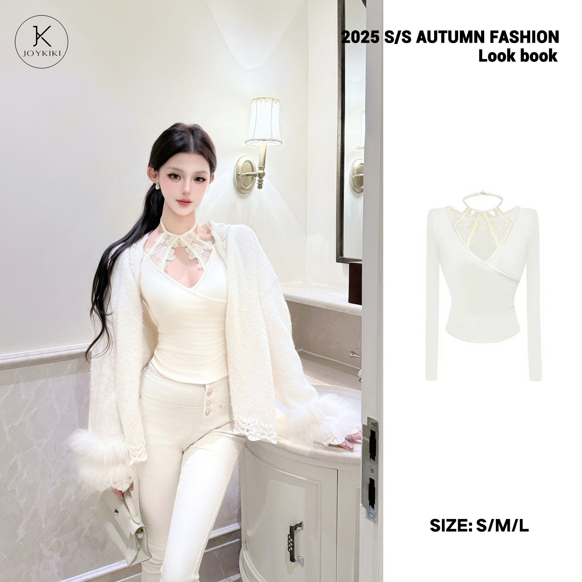 JOYKIKI金金【心动记忆】秋季气质拼接蕾丝设计挂脖上衣J25D006