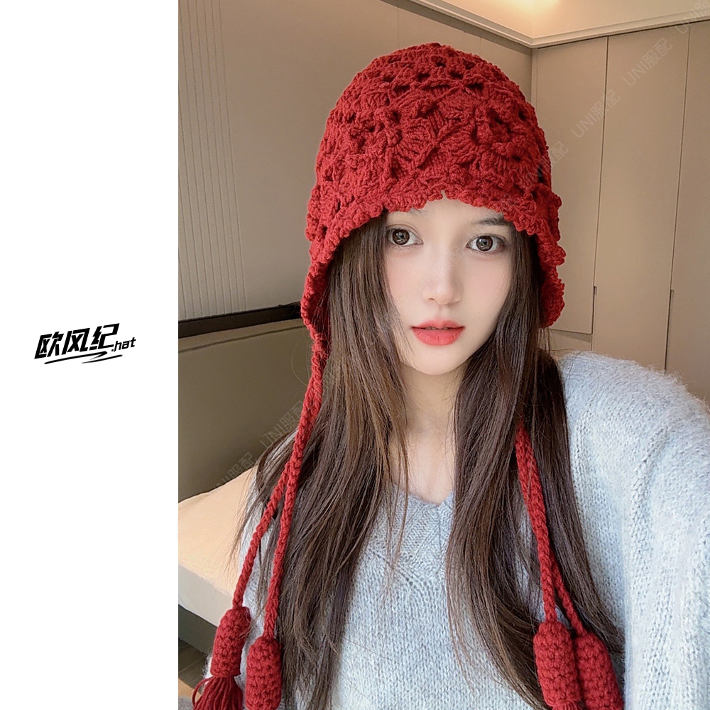 秋冬季手工编织女立体花朵时尚保暖针织毛线帽子显脸小流苏包头帽