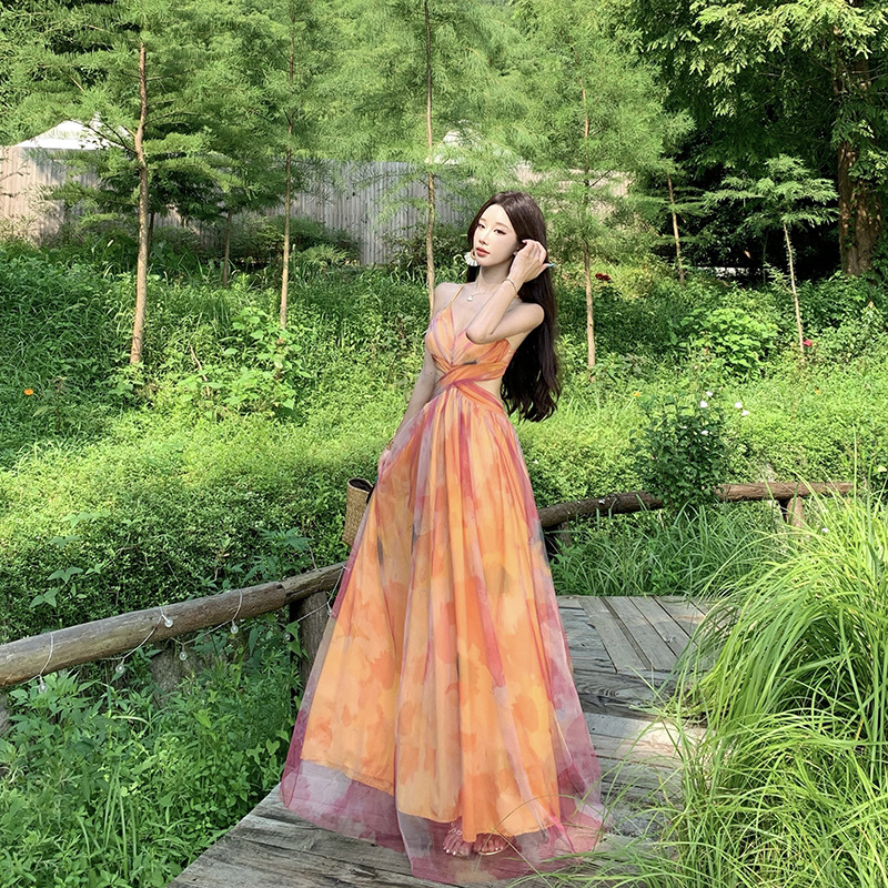 莫奈花园橘色碎花仙女纯欲吊带长款显瘦纱裙连衣裙