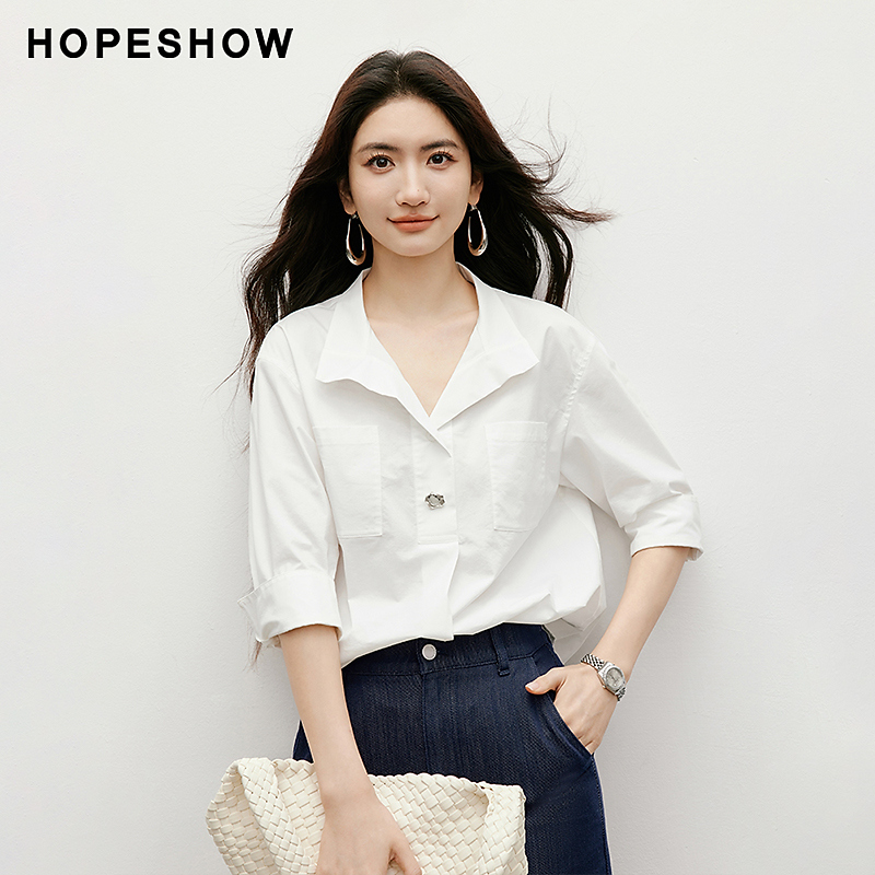 红袖2025秋季新款女装 白色镶边贝母扣中袖贴袋短上衣90225280302