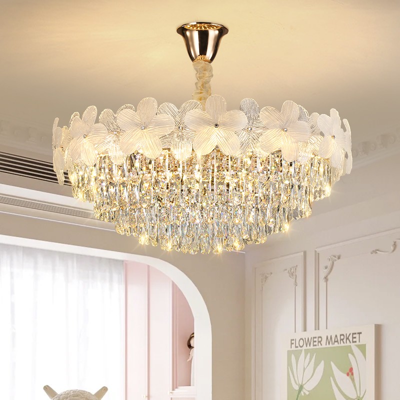 法式奶油风水晶吊灯现代轻奢2025年新款花朵大气主灯客厅餐厅灯具