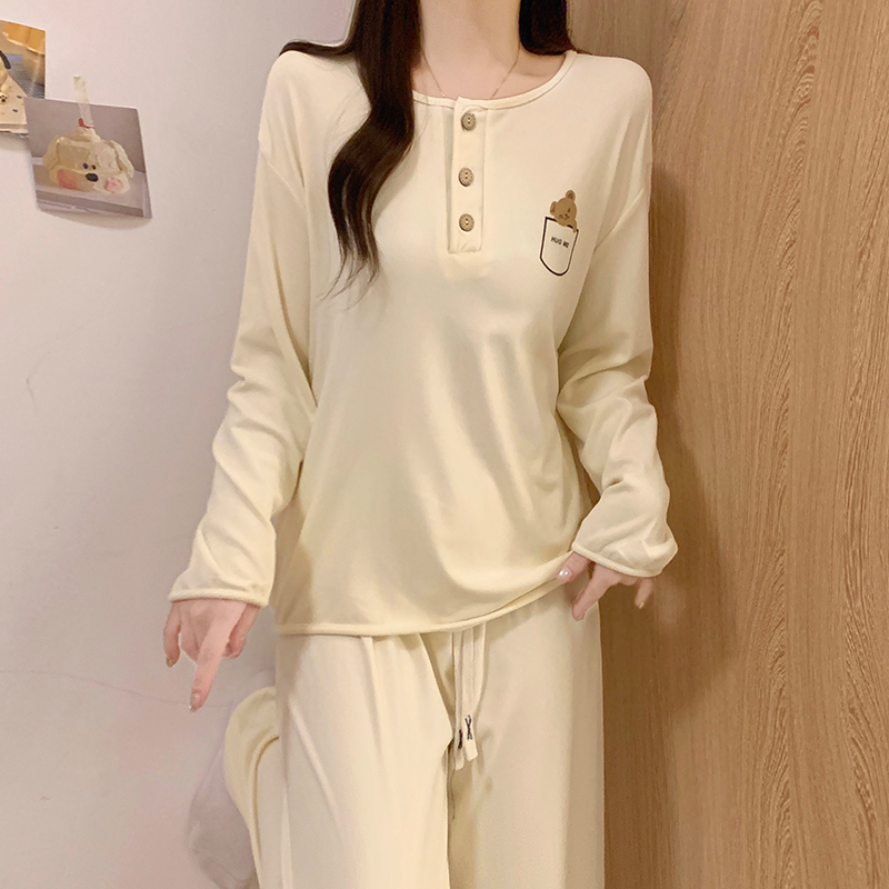 睡衣女款春秋季长袖冬天保暖双面德绒奶油杏色小熊女士家居服套装