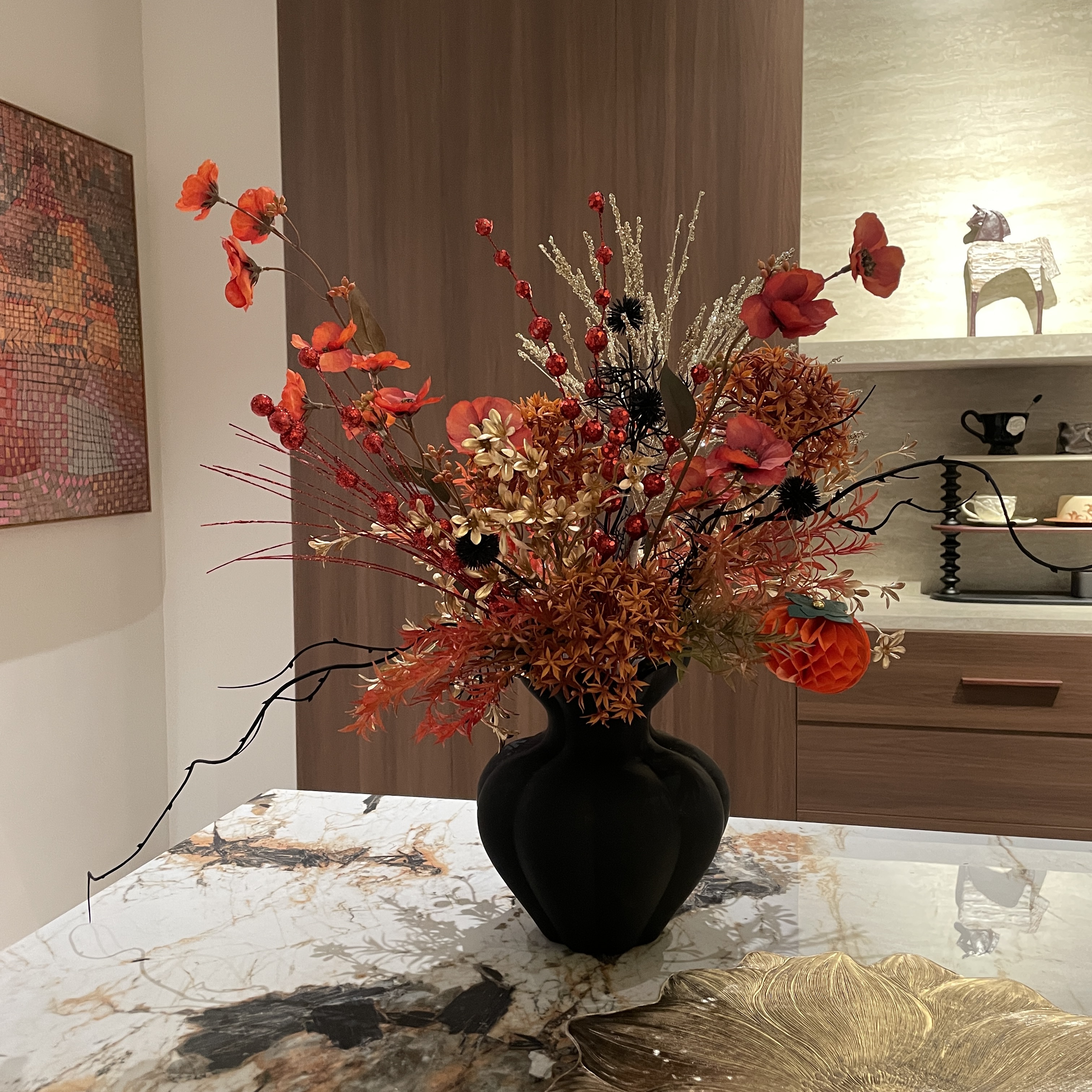 【柿吉】 金桂  秋韵红枫花艺摆件｜新中式黑色陶瓷花瓶客厅餐桌装饰