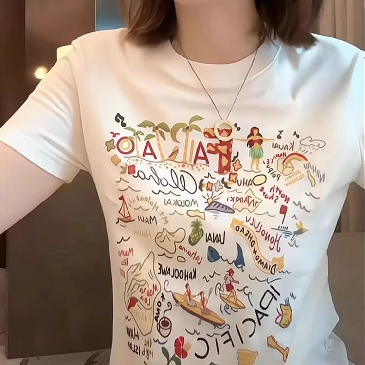 彩色印花白色短袖T恤女韩版2025夏新款设计感别致多巴胺穿搭上衣