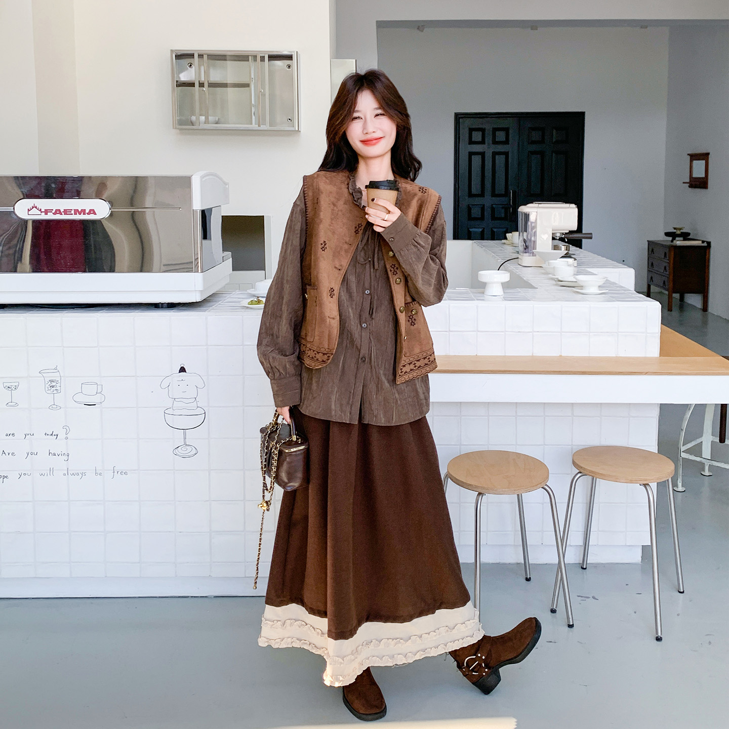 森系学院风叠穿针织马甲格子花边衬衫半身裙女2025秋季新款三件套