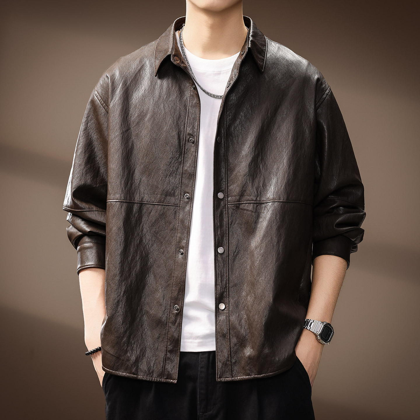 美式复古重工水洗PU皮衣男士潮牌痞帅工装外套秋季户外加绒夹克男