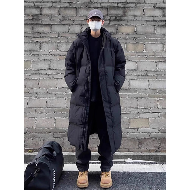 美式黑色连帽中长款棉服男冬季加厚过膝夹克cleanfit痞帅大衣外套