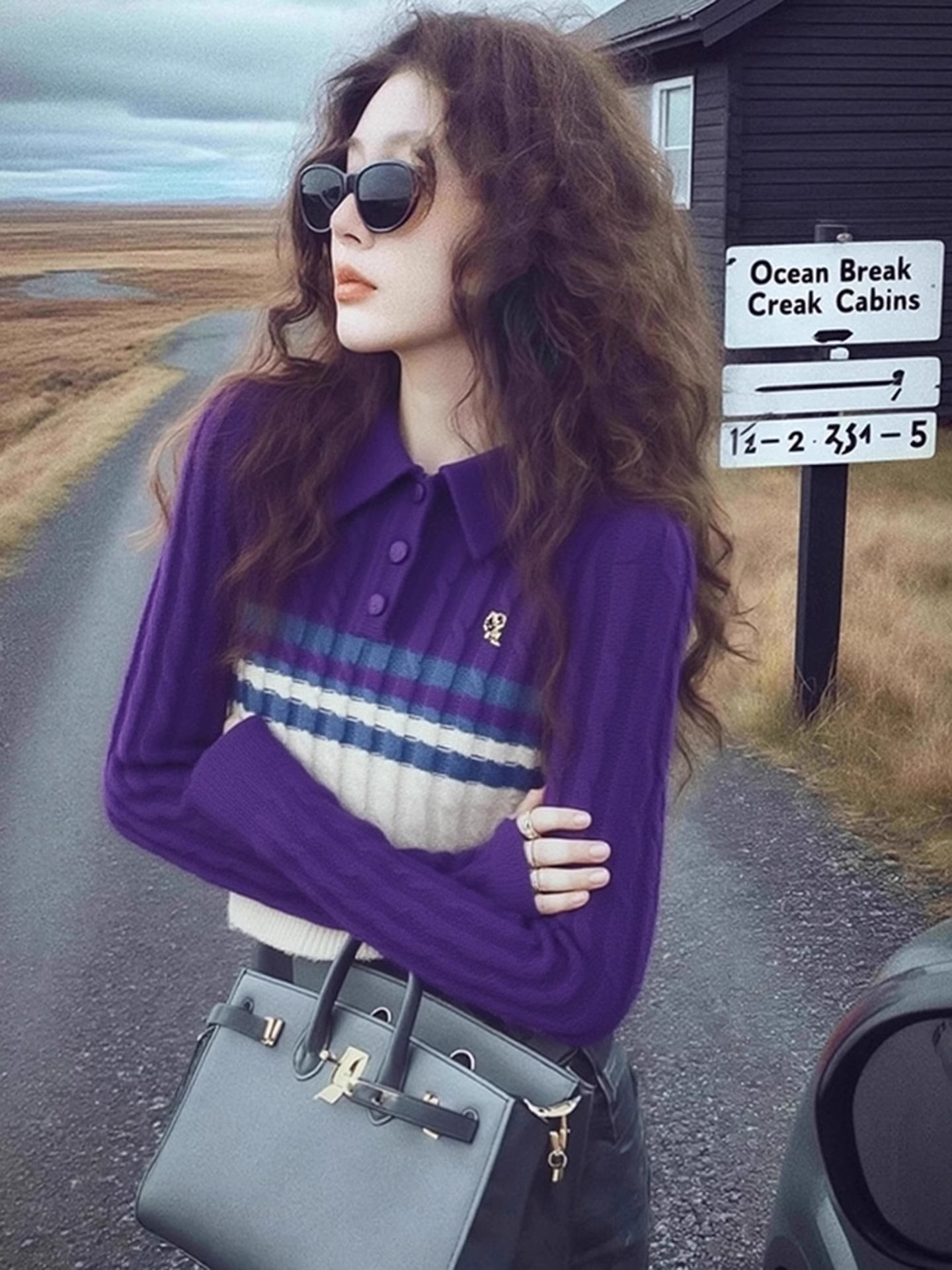 宽松保暖舒适日常通勤潮流时尚拼色POLO领紫色针织衫女2025冬毛衣