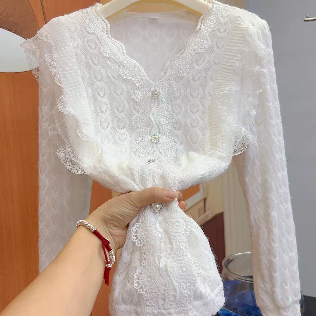 凤尾花V领大码宽松加绒里衬秋冬漂亮保暖长袖套头水貂绒蕾丝衫