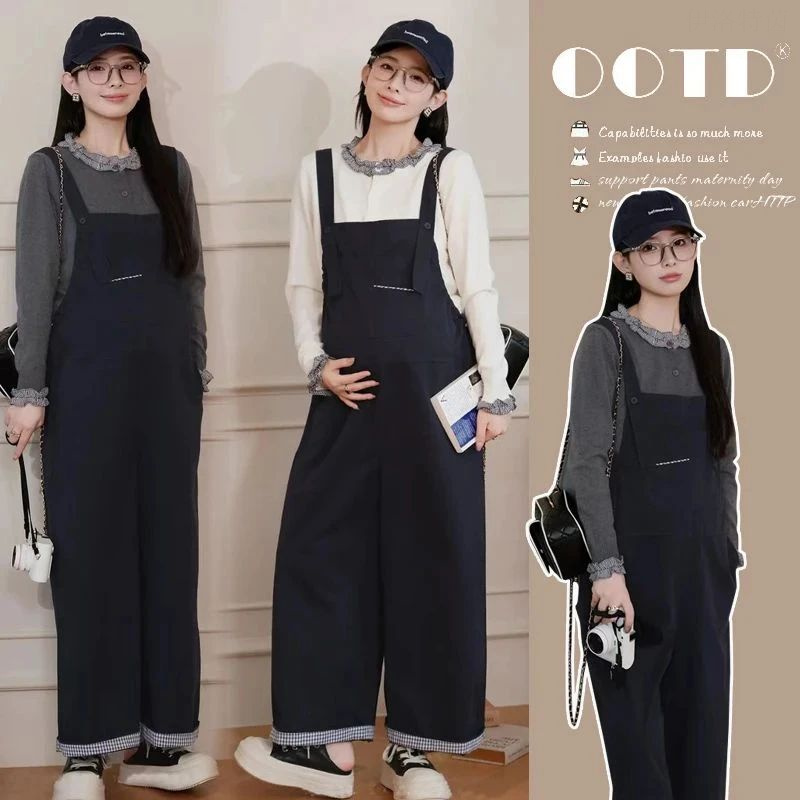 时尚孕妇秋季新款韩版减龄春秋牛仔孕妇背带裤时尚针织打底两件套