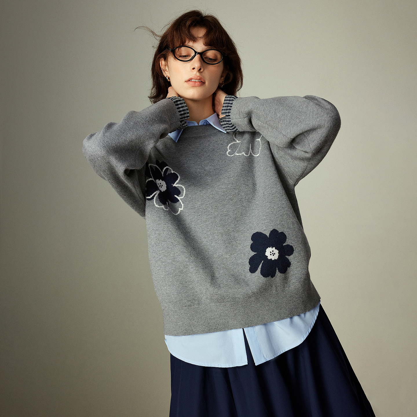 【双11提前购】初语针织衫25秋季新款绿绒蒿提花拼接假两件毛织上衣