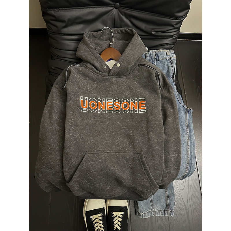 美式复古硅胶印花卫衣男冬季加绒设计感连帽外套情侣装高级感上衣