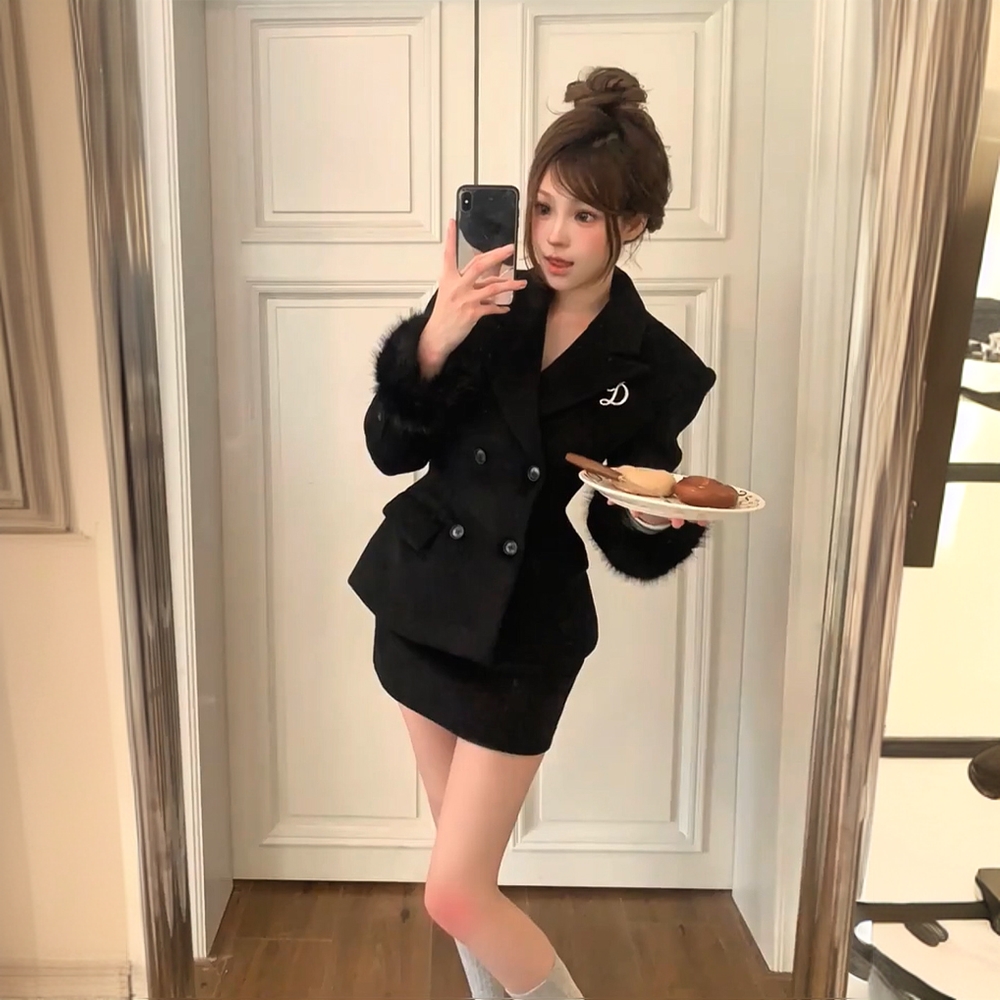 雏野 法式富家千金沙漏腰毛呢外套女冬装氛围感气质显瘦半裙整套