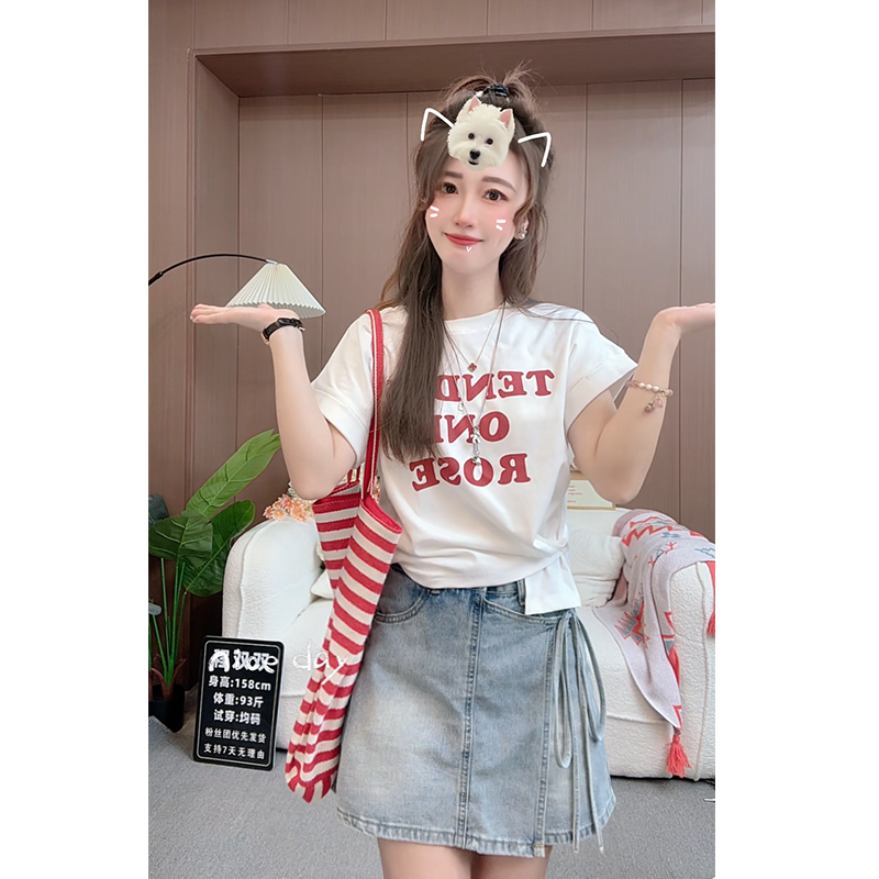 2025年夏季新款圆领字母印花短袖体恤不规则白色休闲上衣T恤女