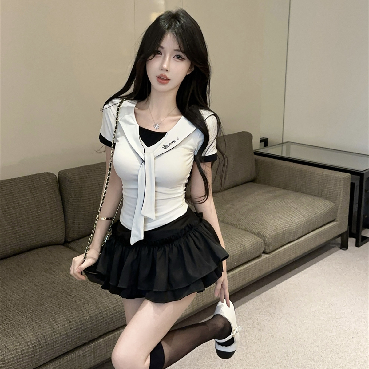 法式学院风jk制服套装假两件减龄短袖显瘦上衣高腰蓬蓬半身裙女夏
