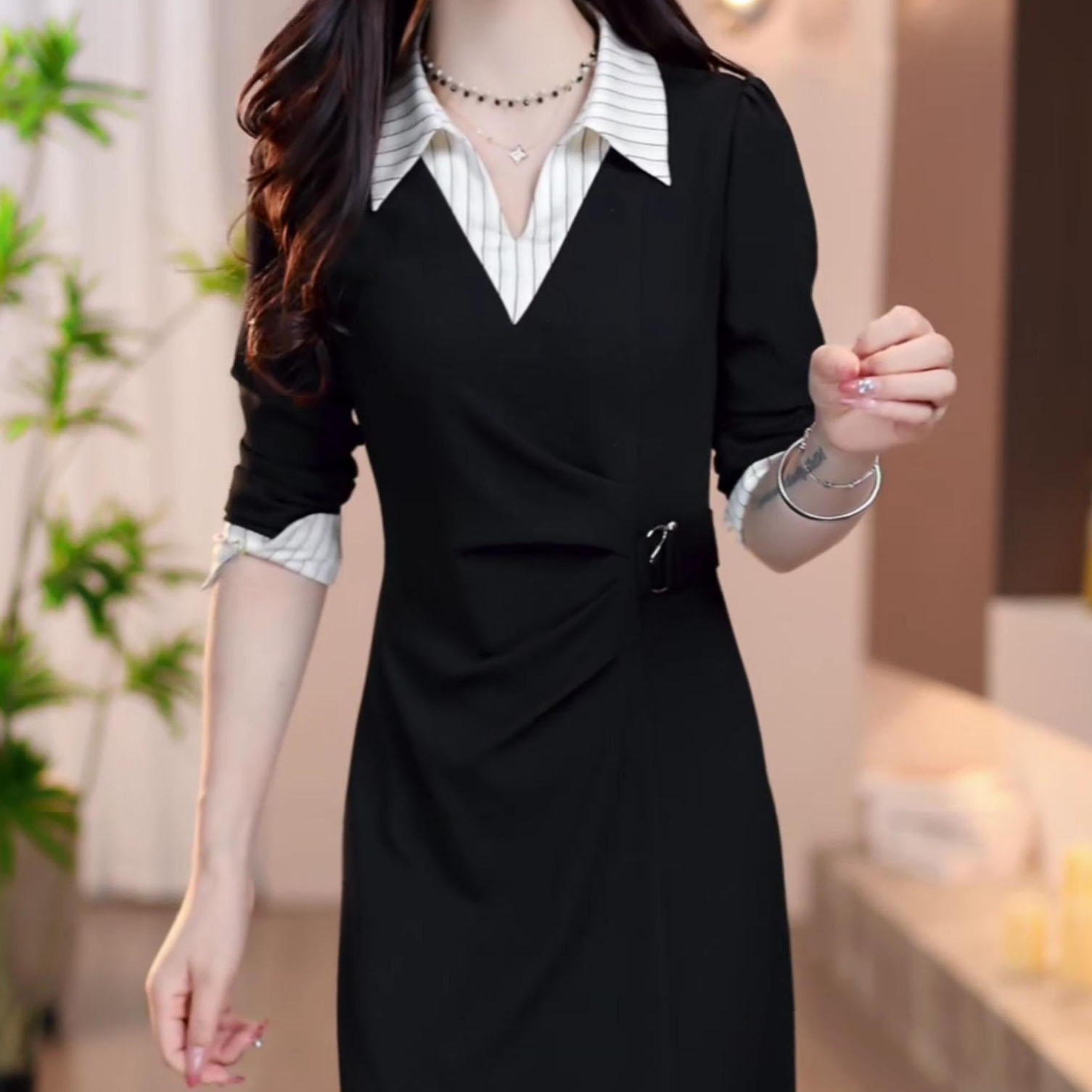 时尚法式衬衫领连衣裙女2026春季新款洋气显瘦设计感长袖休闲裙子