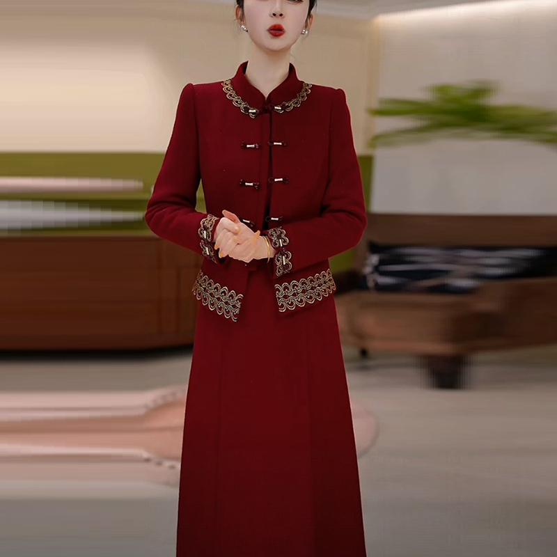 冬季新款国风优雅气质洋气加厚棉服套装复古中式妈妈装加绒连衣裙