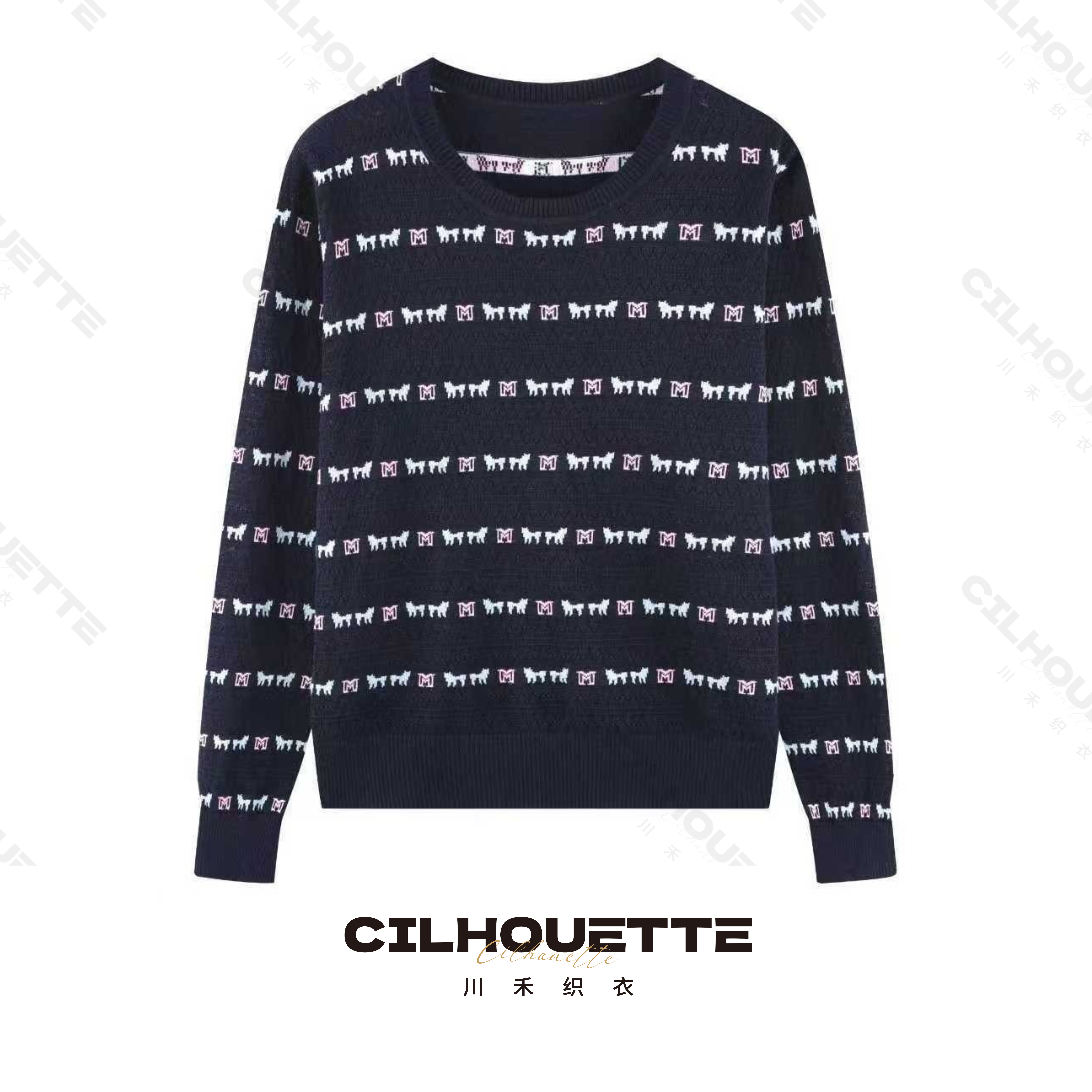 川禾织衣 早秋撞色条纹提花圆领套头100纯兰精天丝高端长袖针织衫