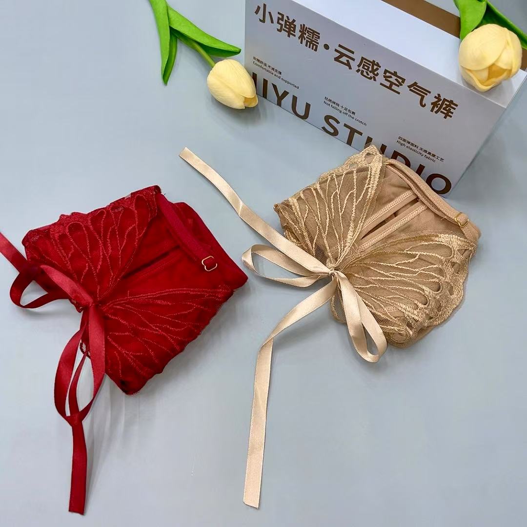 时尚潮流蕾丝拼接网纱大蝴蝶绑带女士小裤 两条