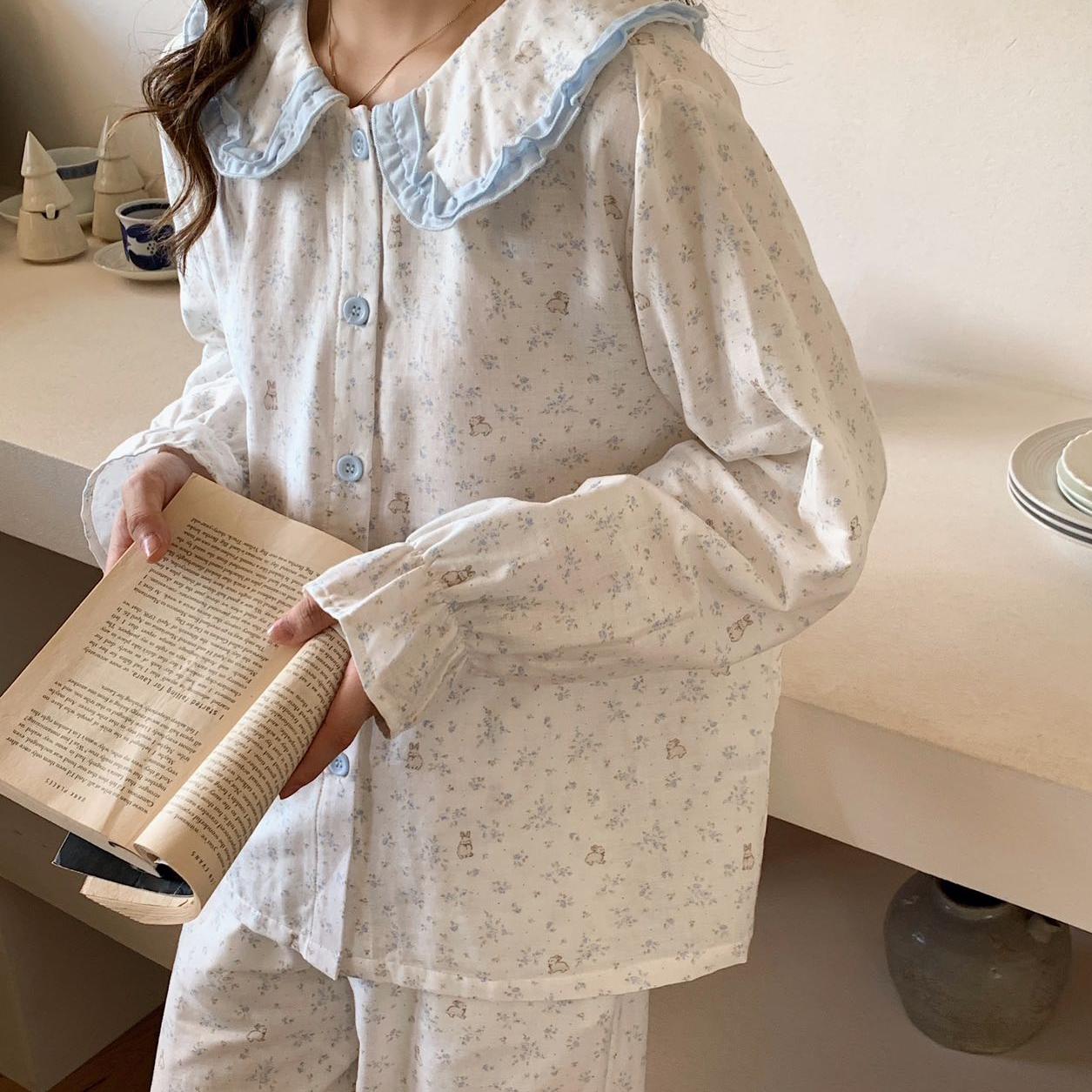 全棉A类母婴级双层纱睡衣套装娃娃领长袖长裤精致撞色款分码睡衣