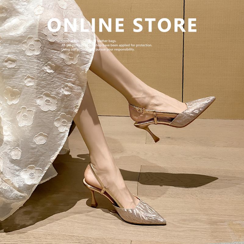 春季尖头仙女风浅口高跟鞋百搭流光风气质细跟包头一字带时尚凉鞋
