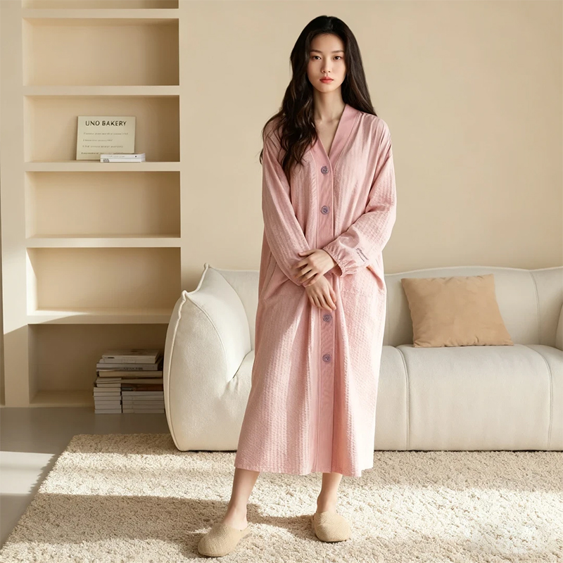 云朵棉睡裙女春秋季长袖睡衣开衫简约高级感中长款睡袍宽松家居服
