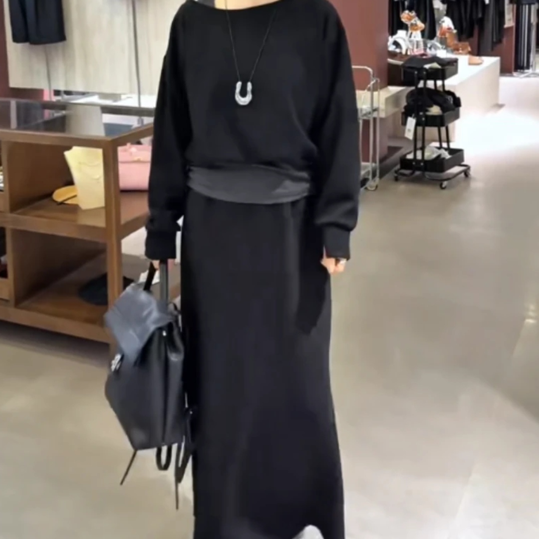 新款时尚显瘦气质洋气假两件上衣半身裙套装