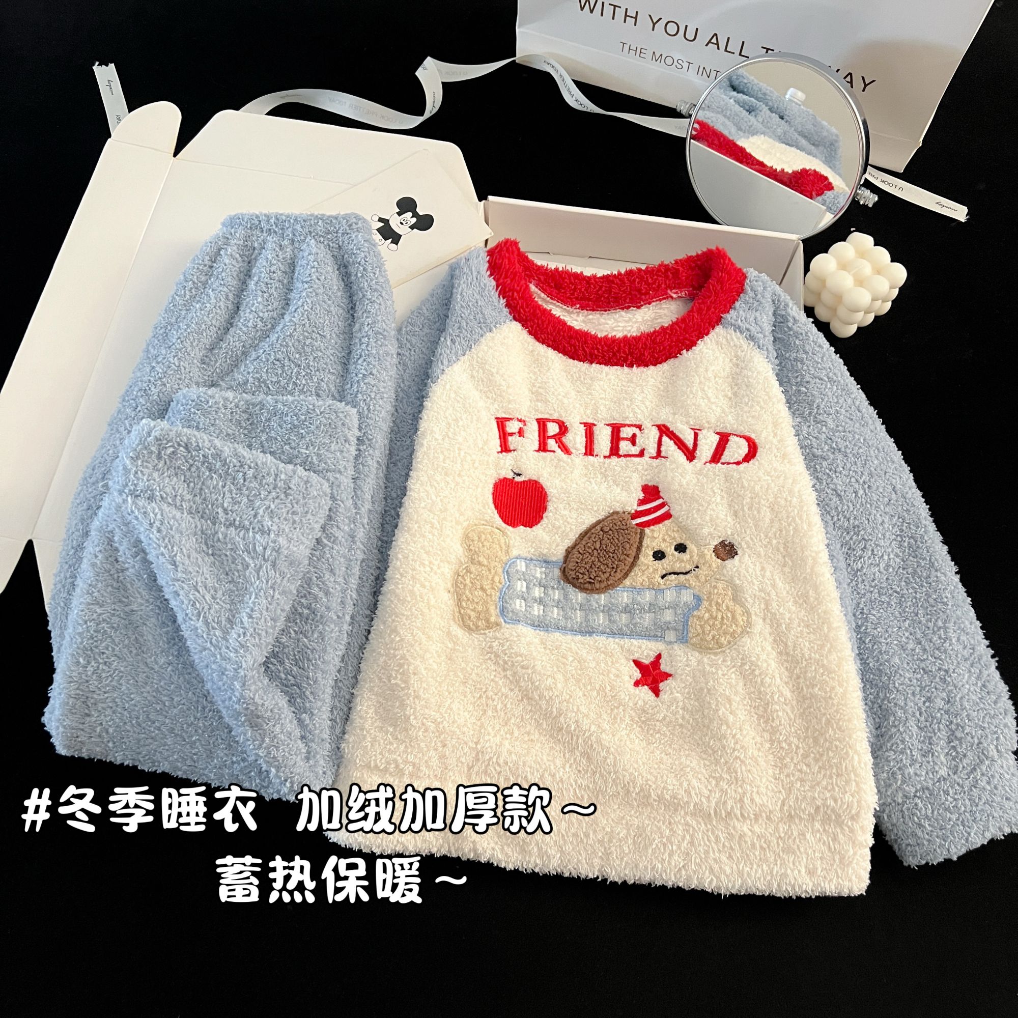 女童半边绒睡衣秋冬季加厚2025新款儿童珊瑚绒中大童家居服套装冬