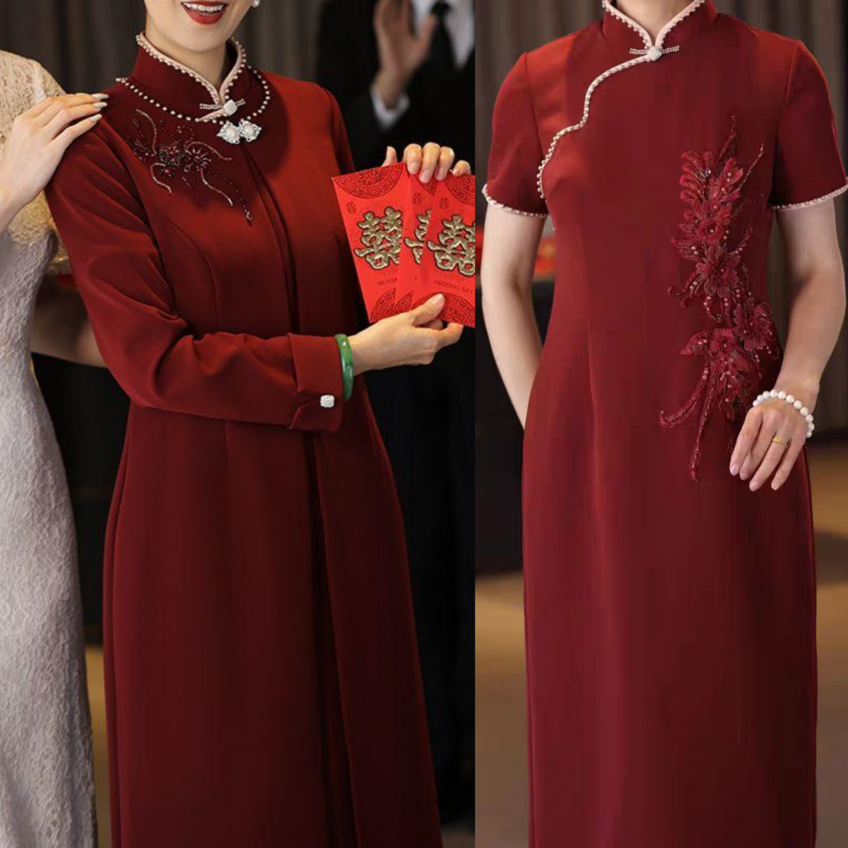 旗袍妈妈装婚宴礼服中式喜婆婆装裙子两件套年轻气质秋冬新款