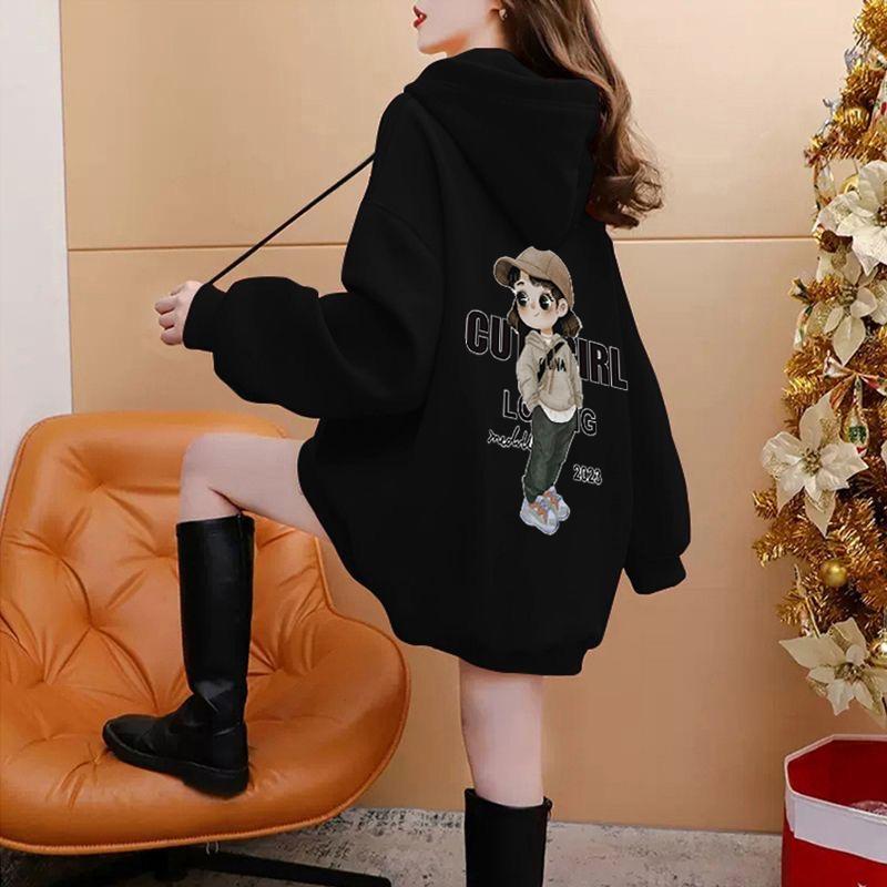 2025新款爆款加绒加厚连帽卫衣女休闲大码胖mm宽松显瘦遮臀外套女