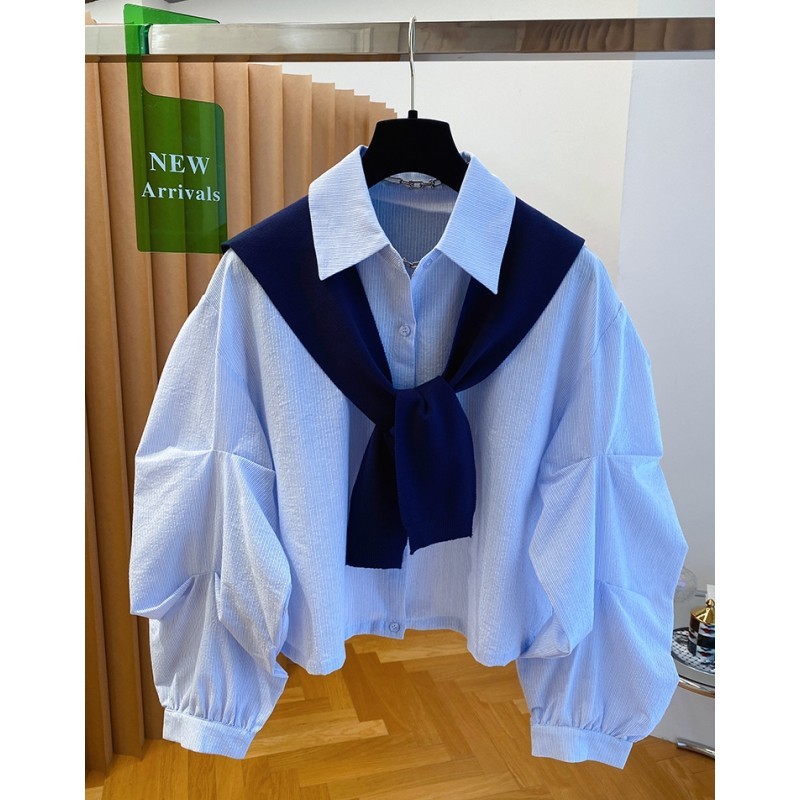 【织光】韩里韩气针织披肩加蓝色条纹衬衫女两件套叠穿秋02036