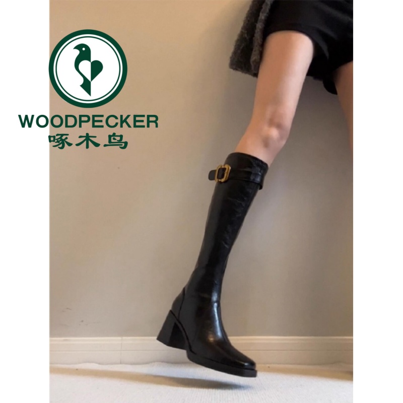 啄木鸟英伦风显瘦直高跟瘦瘦靴女百搭方头皮带扣气质后拉链长靴