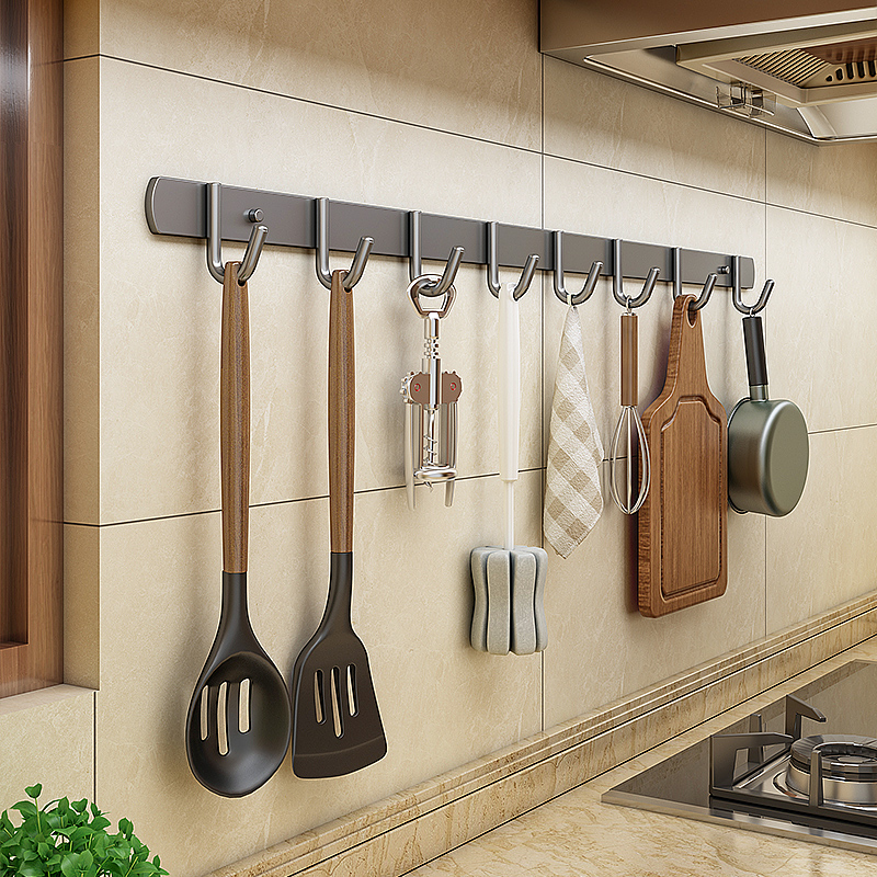 枪灰免打孔厨房挂钩架壁挂式置物架多功能锅铲勺子用品大全收纳层