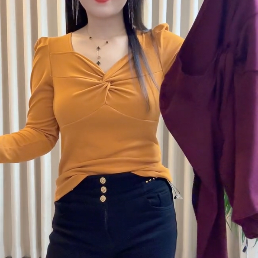 T恤露背针织露肩速干长袖修身纯色V领网红秋季T恤上衣