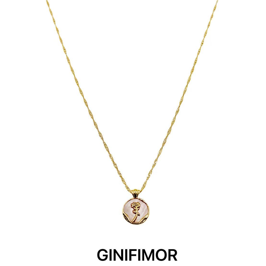 GINIFIMOR 铜合金项链 a732法式复古玫瑰圆牌吊坠项链郁金香花朵
