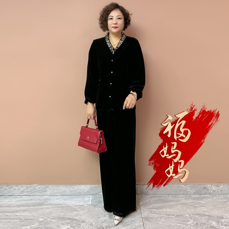 H秋季经典洋气妈妈民族风刺绣丝绒外套大码开衫上衣阔腿裤两件套