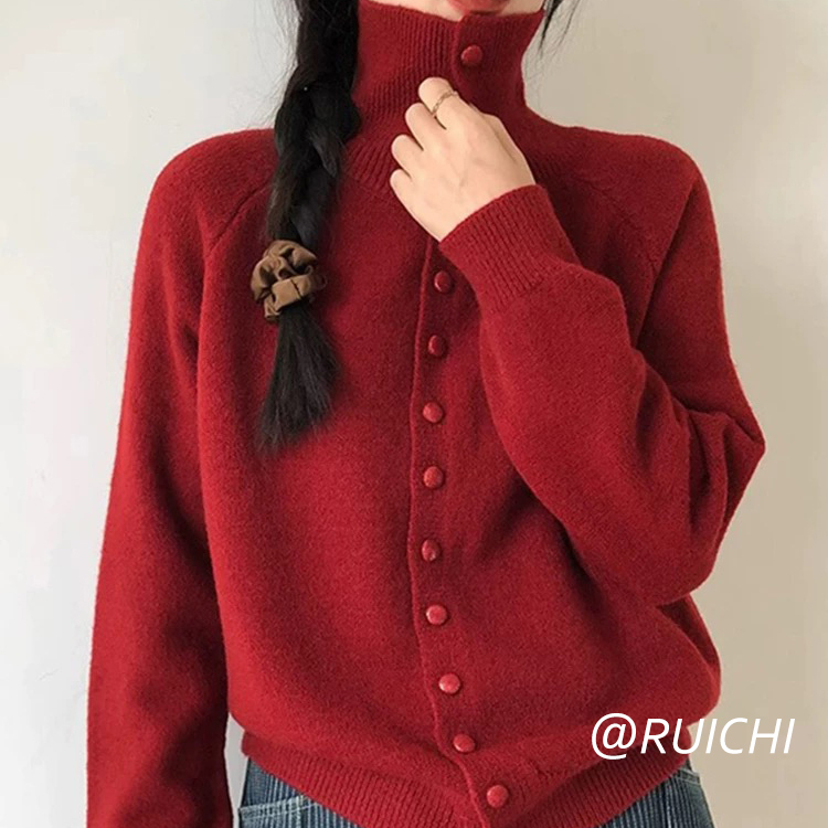 秋季新宠~坠入温柔氛围感上衣慵懒风单排扣高领百搭针织开衫女